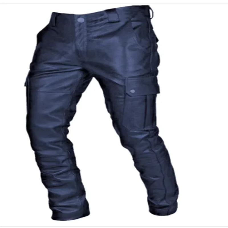 Deep Black System Rock Biker Leather Pants Male Casual American PU Trouser Without Belt
