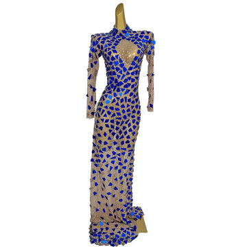 Gorgeous Dazzling Mirror Dress Women Sexy Club Long Dresses Ladies Applique Rhinestone Party Dresses Women Sexy Costume