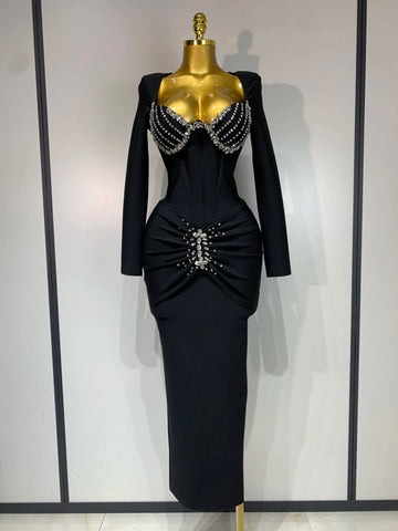 Women Sexy Luxury Sparkly Beading Bandage Dress Long Sleeve Bodycon Celebrity Party Elegant Evening Club Pary Dresses
