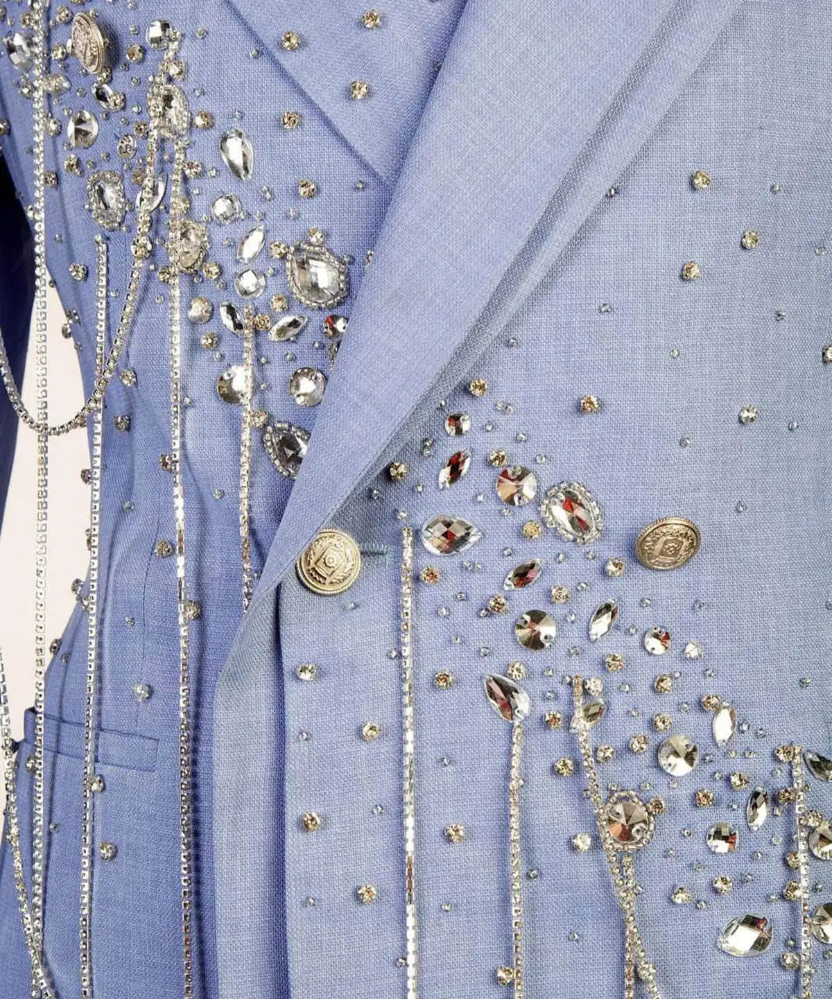 Light Blue Beaded Men's Tuxedo Suit, Double-Breasted Blazer and Pants for Weddings and Prom, Custom Tailored
