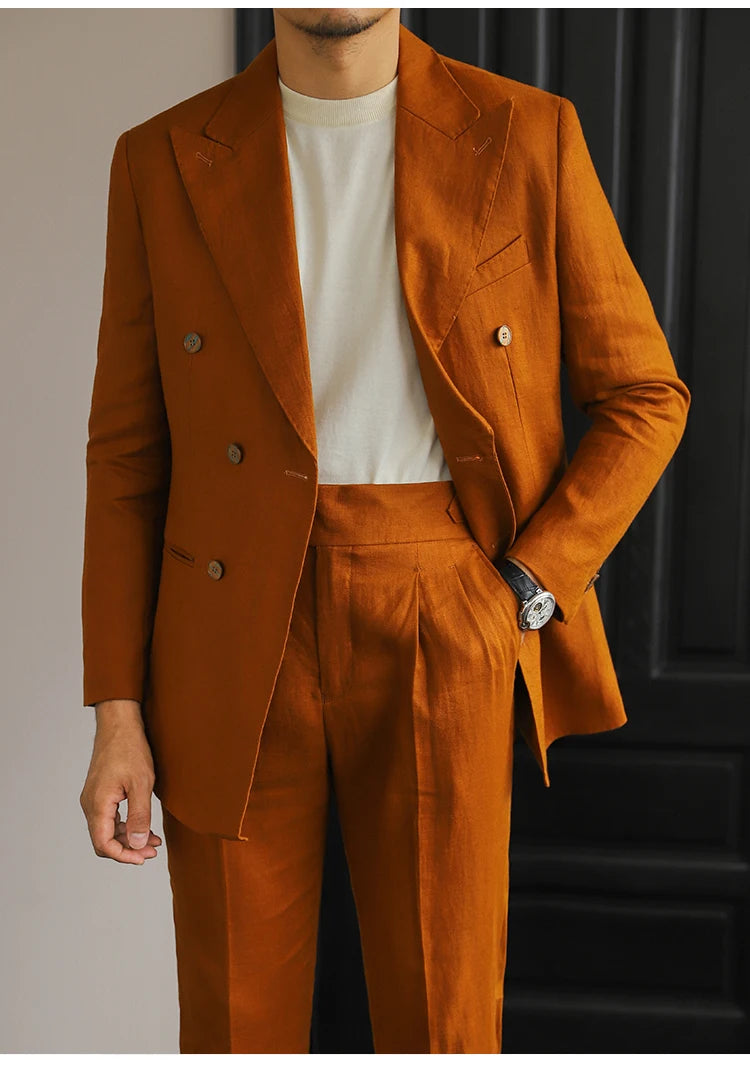 Costume homme élégant en lin croisé, coupe slim, look rétro, disponible en quatre couleurs élégantes