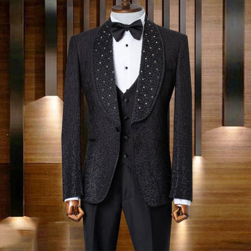 Diamond Wedding Groom Luxury 2 Pieces Sets Men Suits Slim Fit Tuxedos Shiny Male Prom Blazers Trajes Para Hombre Customized