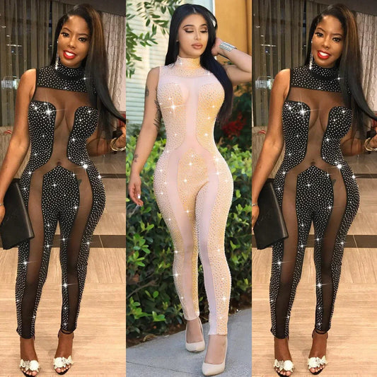 Hot Sale Sexy Transparent Embedded Diamonds Slims Smooths Your Silhouette Jumpsuit Nightclub Two-Color Women's Fashion