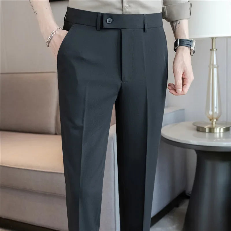 Thin White Elastic Nine Cent Suit Pants for Men,gray Blue Four-side Elastic Comfortable Drape Men's Casual Trousers