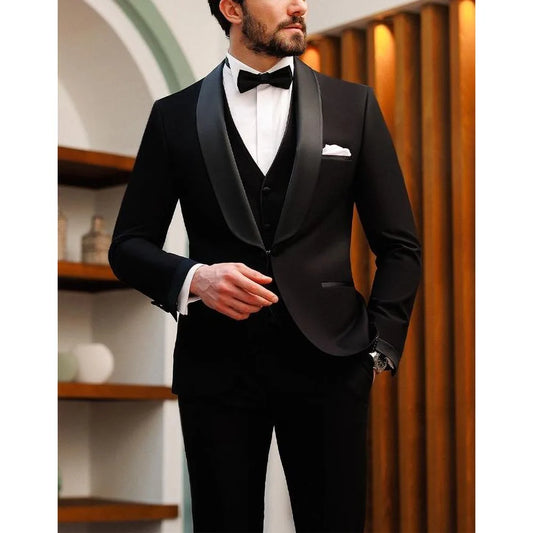 Black Men Suits 3 Piece Elegant Shawl Lapel One Button Male Suit Prom Party Formal Wedding Groom Tuxedo (Blazer+Vest+Pants)