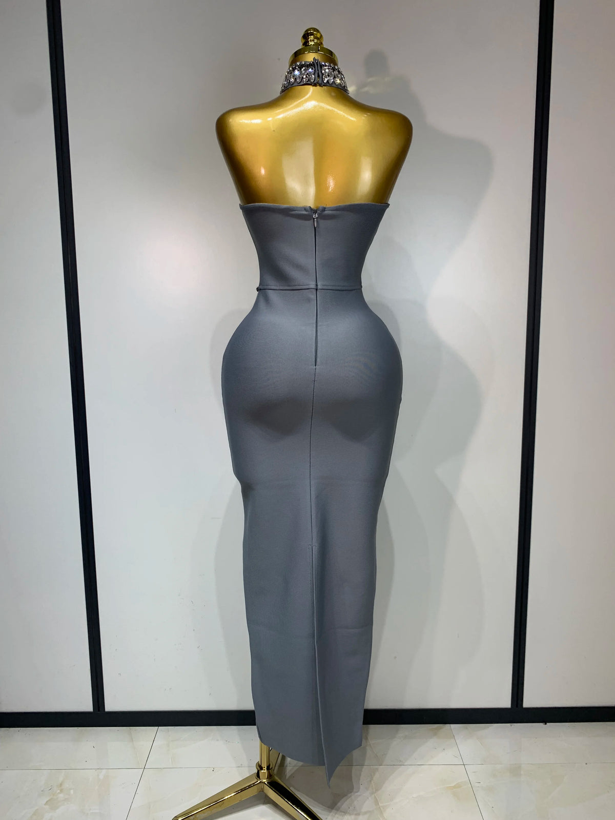 High Quality Strapless Beading with Necklace Bandage Dress Celebrity Elegant Evening Party Fancy Club Birthday Dresses