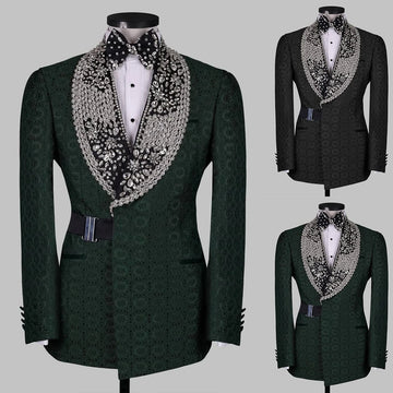 Vintage Man Suits Fit Slim Beading Crystal Shawl Lapel Party Prom 2 Pieces Set Blazer Rhinestone Customized Jacket Pants