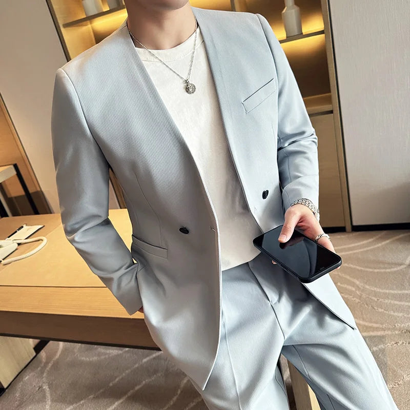 Stylish Men's Suit Coat Collarless V-Neck Solid Wear Style Slim Fit Blazer Jacket Male Black White Blue
