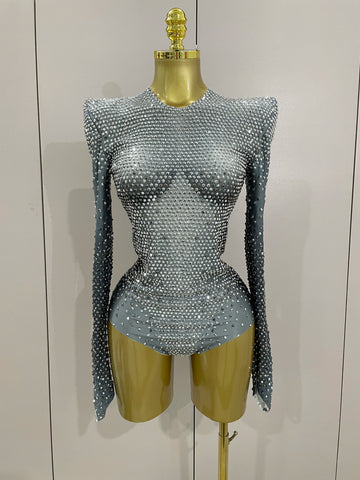 Body extensible à manches longues avec strass argentés scintillants pour femme, tenue de soirée de luxe, fête d'anniversaire, boîte de nuit, costume de scène