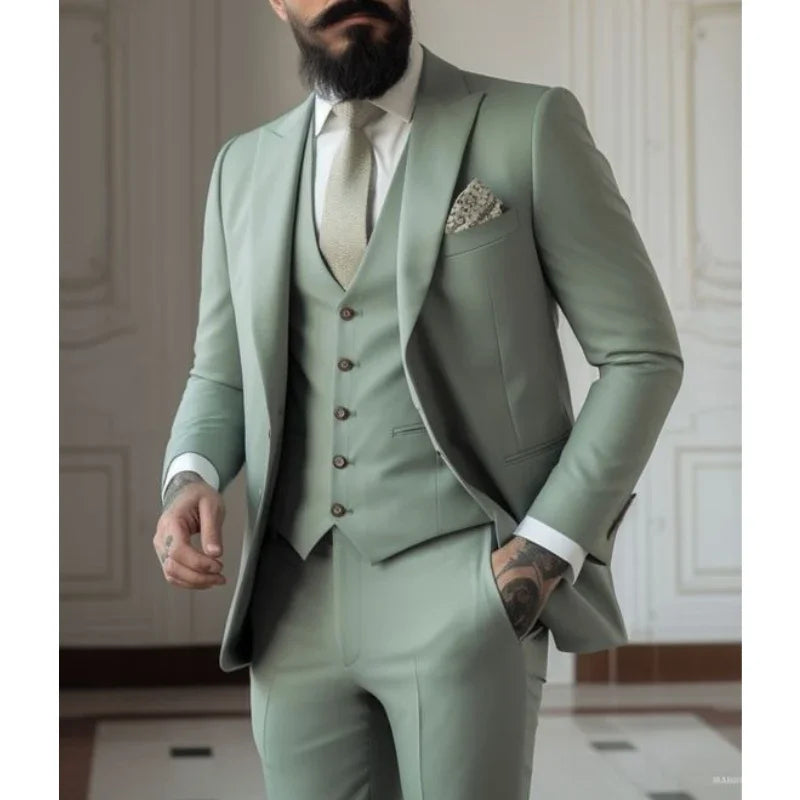 Trajes de 3 piezas entallados para hombre en color verde salvia (chaqueta, chaleco y pantalón), para bodas, novios, bailes de graduación, fiestas formales, blazers.