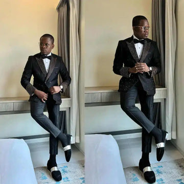Luxurious Rhinestone Men Wedding Suits Peaked Lapel Tuxedos Groom Wear 2 Pcs Jacket Pants Prom Evening Party Custom Made