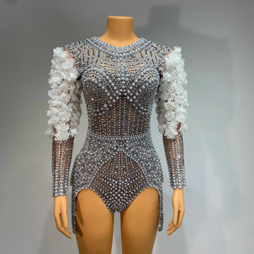 Shining Luxury Tight Bodysuit Women Sexy Pearls Rhinestone Flowers Stage Outfit Performance Dance Costume Nightclub Wear