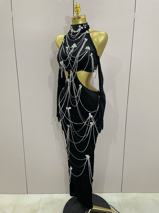 Women Sparkly Diamonds Tassels Chain Balck Sexy Halter Backless Long Dress Evening Birthday Party Celebrate Stage Costume