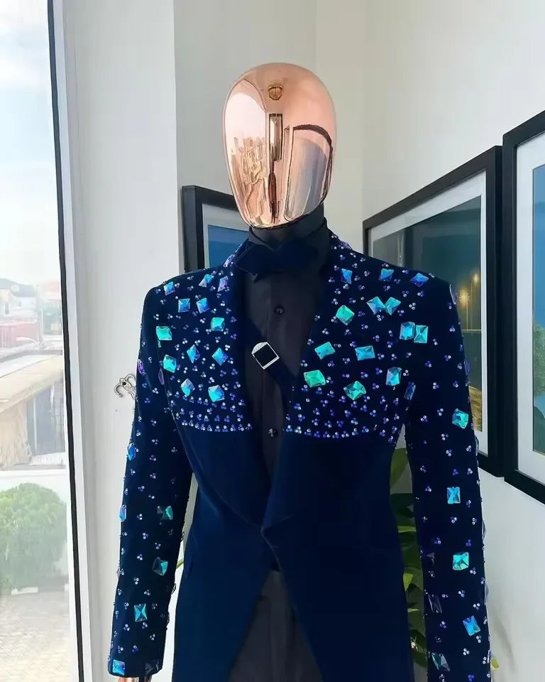 Men Suits Unique Shawl Lapel Crystal Tailor-Made 2 Pieces Set Velvet Beaded One Button Blazer Customized Jacket Black Pants