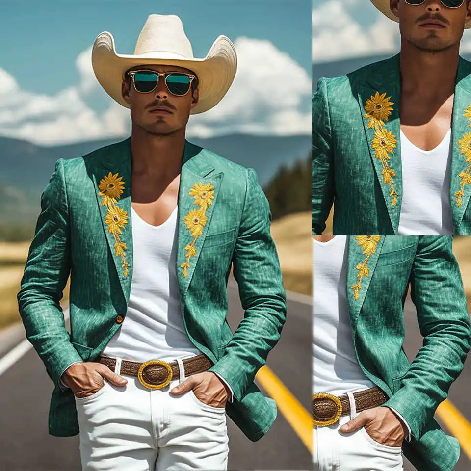 Tailored Mens Jacket Gold Flowers Cowboy Slim Fit One Button Tuxedos Male Pants Sets Customized One Piece