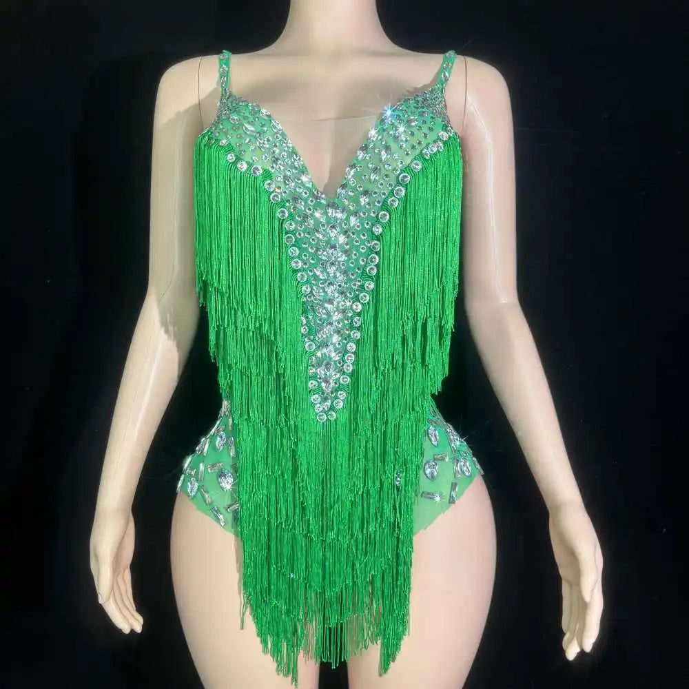 Sparkly Rhinestones Tassels Bodysuit for Women Sexy V Neck Slip Performance Dance Costume Singer Dancer Leotard Show Stage Wear