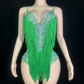 Sparkly Rhinestones Tassels Bodysuit for Women Sexy V Neck Slip Performance Dance Costume Singer Dancer Leotard Show Stage Wear