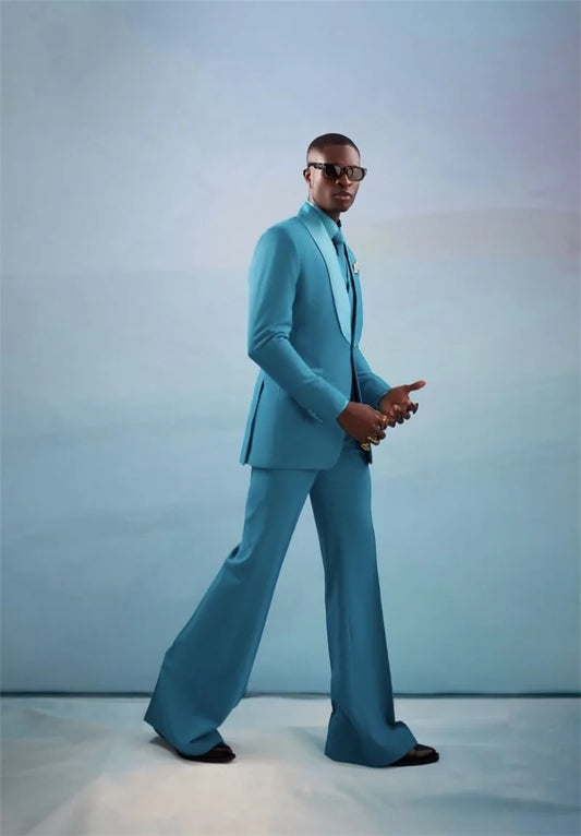 Sky Blue Men Suits Set 2 Pieces Cotton Blazer+Pants Trousers Customized Wedding Tuxedos Formal Office Business Jacket Coat