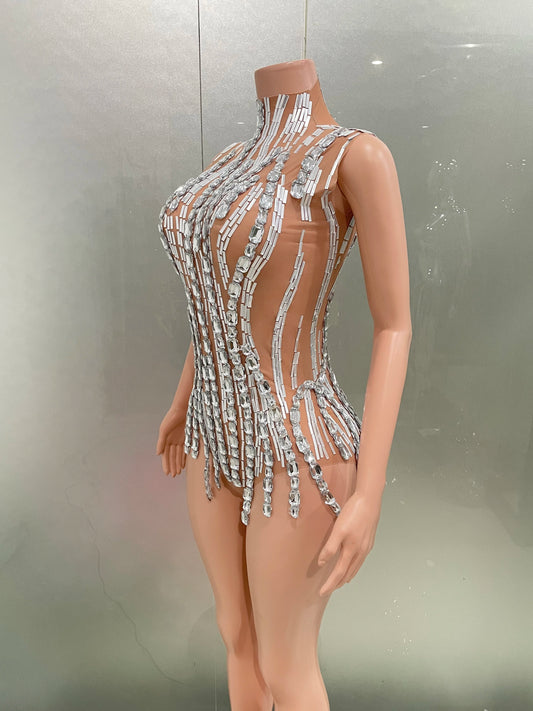 Body à strass scintillants pour femme, tenue sexy transparente sans manches pour spectacle en boîte de nuit