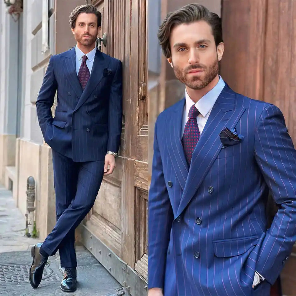 Fashion Pinstripe Wedding Tuxedos 2 Piece Set Jacket Pants Peaked Lapel Men Suit  Handsome Customized Groom Wear Party Suits