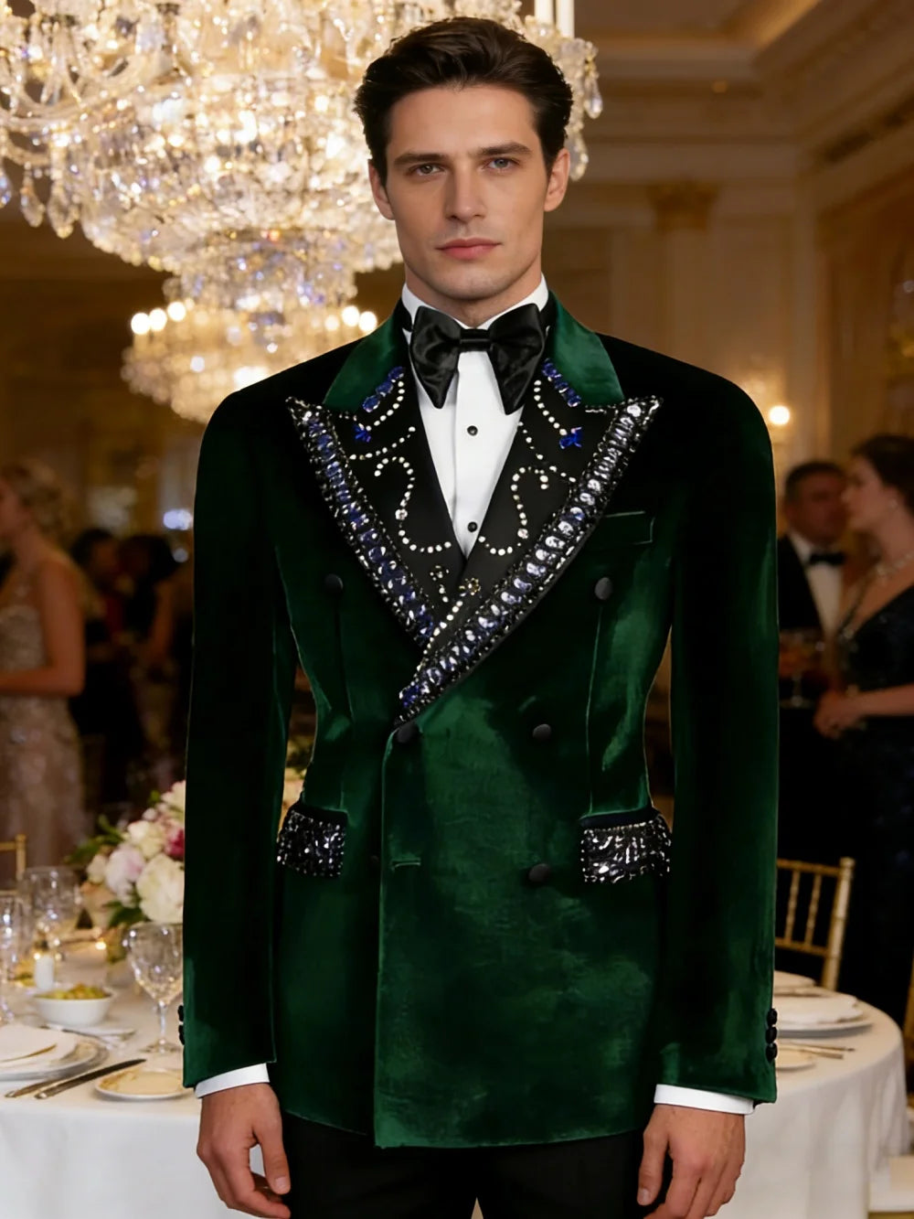 Noble Wedding Tuxedos Velvet 2 Pcs Jacket Pants Groom Suit Royal Crystal Beaded Peaked Lapel Evening Party Outfits Customized