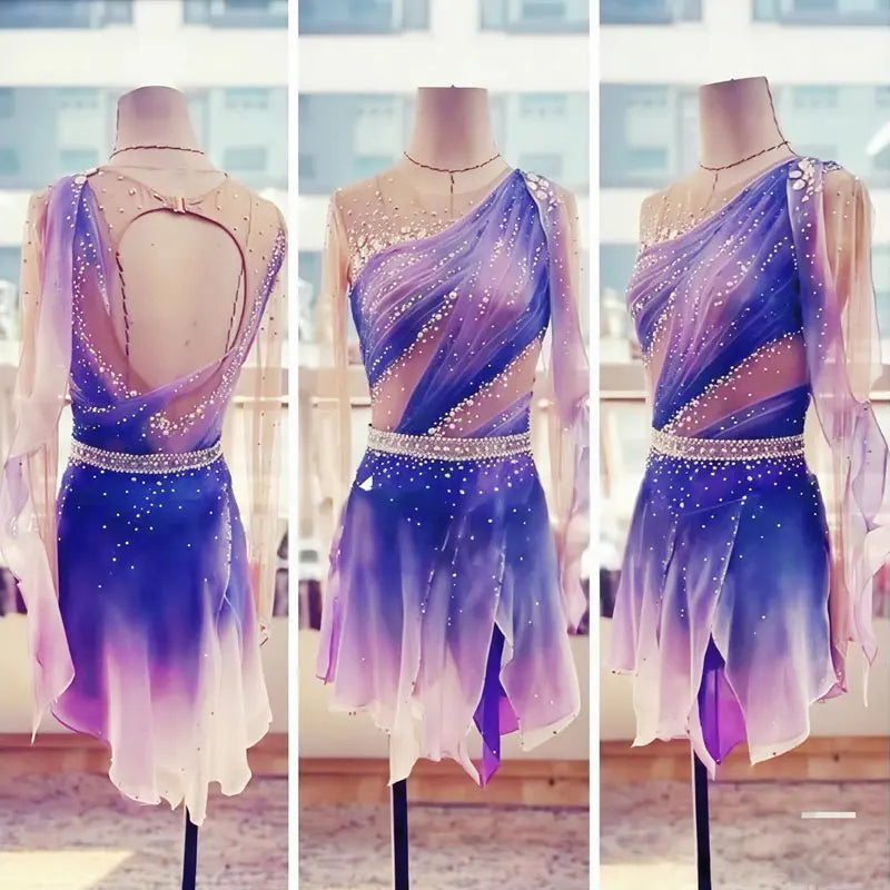 Figure Skating Performance Dress, Children's Adult Competition Grading Dress, Kosten Diamond Studded Gradient