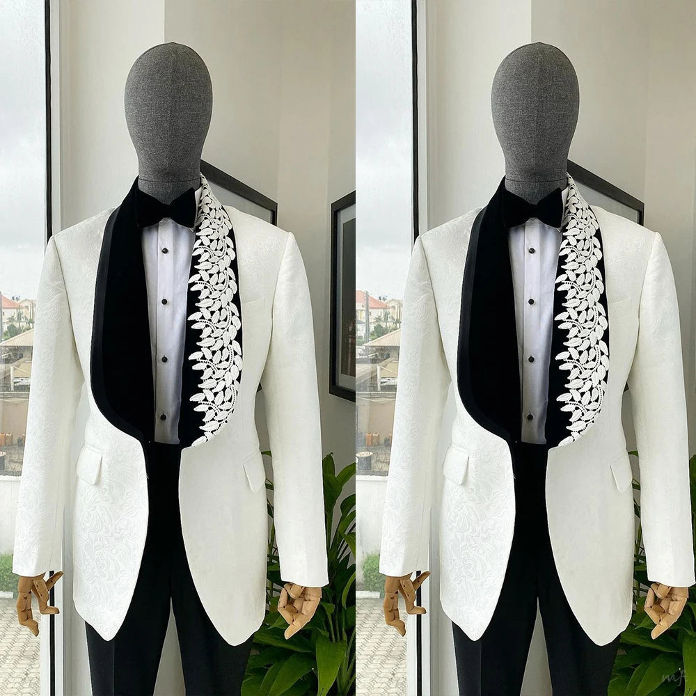 Handsome Men's Suit Jacquard 2 Pieces Set Jacket Tailor-Made Shawl Lapel Blazer One Button Customized Coat Black Pants