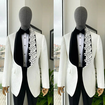Handsome Men's Suit Jacquard 2 Pieces Set Jacket Tailor-Made Shawl Lapel Blazer One Button Customized Coat Black Pants