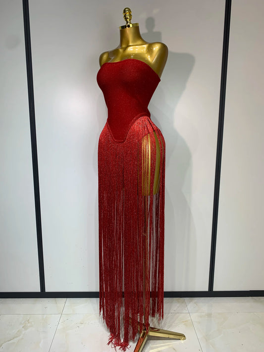 Design Long Tassel Patchwork Strapless Bandage Bodysuit Women Sexy High Street Evening Party Nightclub Hotwife Outfit