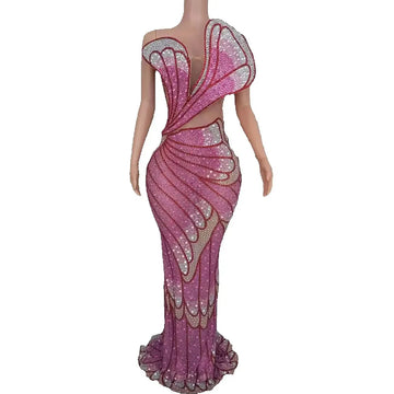 Luxurious Rhinestones Long Dress Women Sexy Mesh Transparent Celebrate Evening Prom Birthday Red Carpet Dress Photoshoot Wear