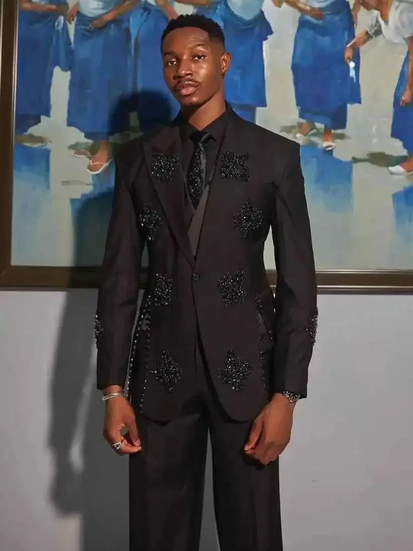 Luxury Beaded Wedding Men Suits 2 Pieces Groom Tuxedo for Prom Party One Button Crystals Slim Fit Wedding Customized Suit