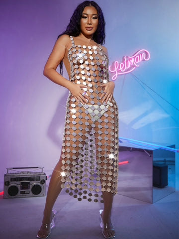 Sexy Backless Metal Sequin Slip Club Summer Dress Women Glitter Maxi Party Dresses Woman See Through Beach Dress Vestidos
