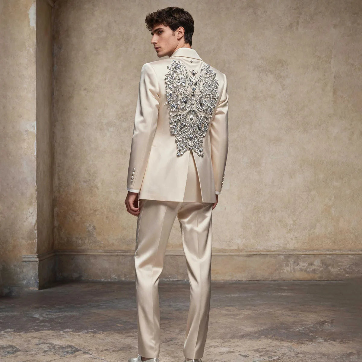 Customized Glitter Crystal Gem Men Suits Slim Fit Wedding Tuxedo Diamond 2 Piece Sets Groom Male Blazers Peak Lapel Party Homme