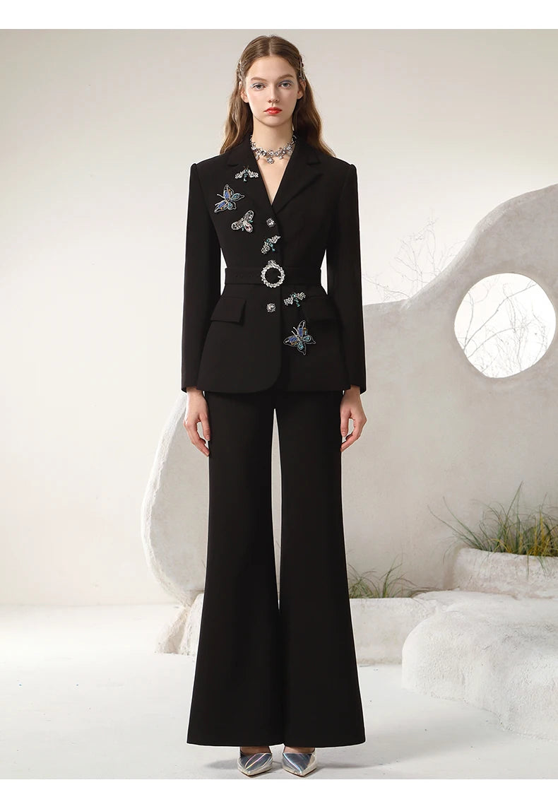 Commuter Black Suit Coat Set New Temperament 3D Butterfly Blazer Coat High Waist Bootcut Trousers Two-Piece Stes