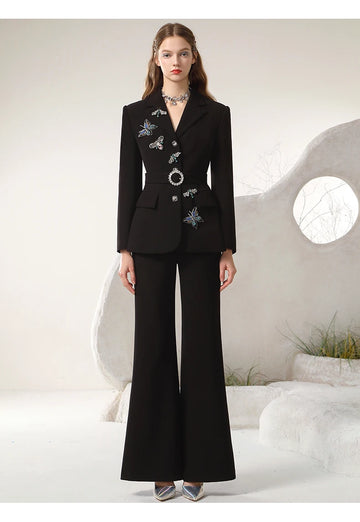 Commuter Black Suit Coat Set New Temperament 3D Butterfly Blazer Coat High Waist Bootcut Trousers Two-Piece Stes