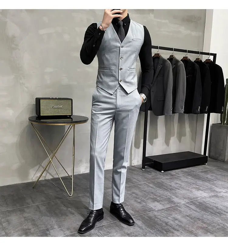 (Traje + chaleco + pantalones) Traje elegante de negocios a cuadros para hombre, corte entallado, informal, conjunto de 3 piezas