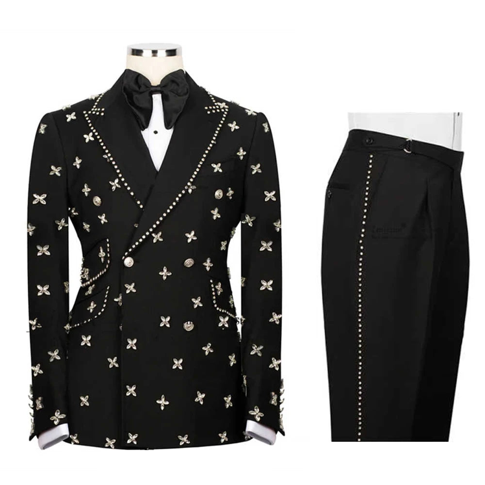 Mens Suit 2 Piece Jacket Pants Handmade Beads Customized Slim Fit Groom Tuxedo Wedding Formal Occasions Tailored Party Wear