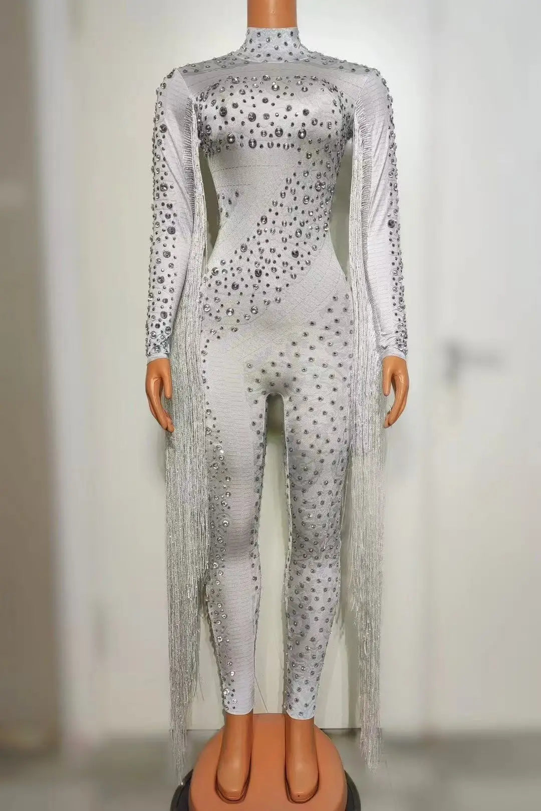 Mono de manga larga con borlas y disfraces de actuación para mujer, mono de una pieza con lentejuelas y diamantes de imitación brillantes, mono blanco para mujer 