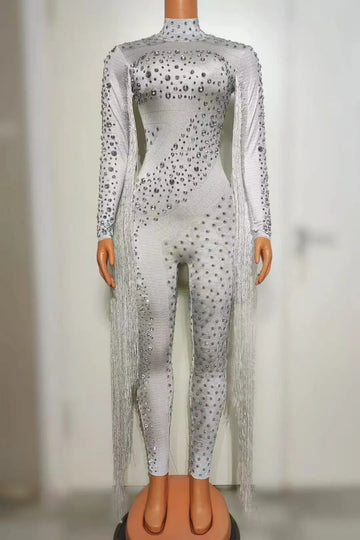 Mono de manga larga con borlas y disfraces de actuación para mujer, mono de una pieza con lentejuelas y diamantes de imitación brillantes, mono blanco para mujer 