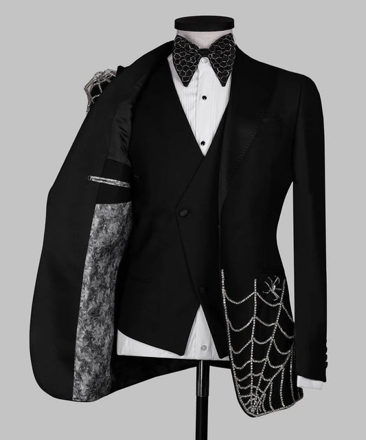 Classic Men Suits Tailor-Made 2 Pieces Set Peaked Lapel Jacket Rhinestone Blazer One Button Groom Customized Coat Vest Pants