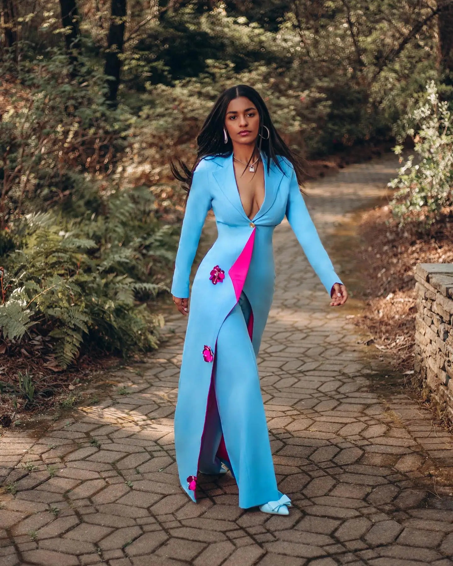Trajes de pantalón azul cielo para mujer, corte entallado, flores 3D, ropa de calle femenina para oficina, conjuntos de dos piezas de chaqueta larga 