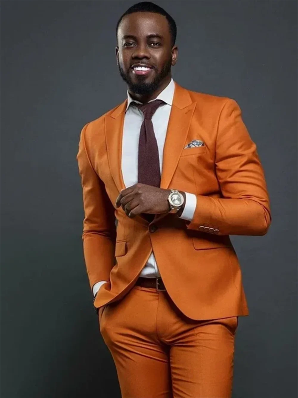 2 Pc Orange Peak Lapel One Button Men Suits Wedding Slim Fit Groom Tuxedo Prom Blazer Jacket Pant