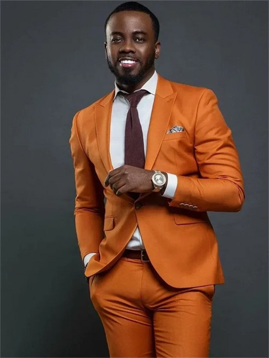 2 Pc Orange Costume Homme Peak Lapel One Button Men Suits Wedding Slim Fit Groom Tuxedo Terno Masculino Prom Blazer Jacket Pant