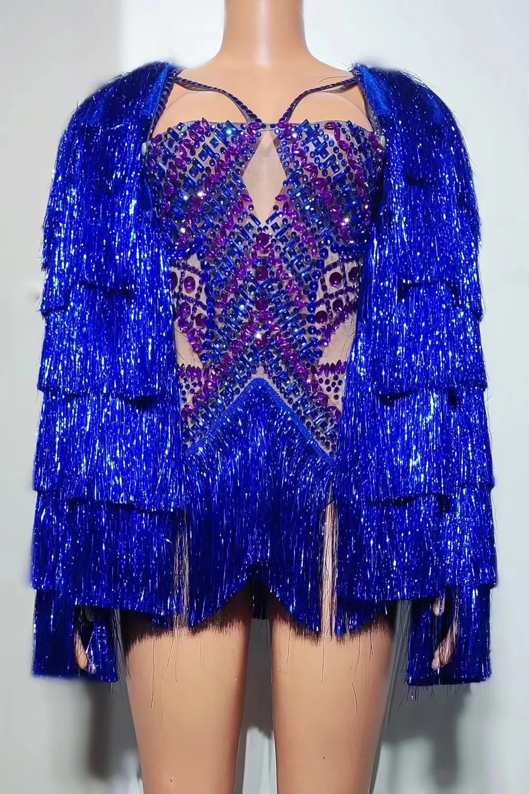 Sparkly Blue Rhinestones Tassels Bodysuit Women Sexy Performance Dance Costume Nightclub Singer Dancer Stage Photoshoot Wear