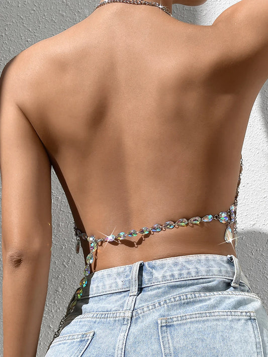 Sexy See Through Rhinestone Crop Top Women Summer Halter Beach Party Tank Top Night Club Rave Outfits Y2k Streetwear Tops