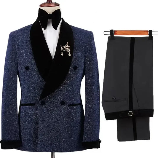 Men Suits 2 Pieces Shining Jacket with Black Pants Set Velvet Shawl Collar Wedding Groom Tuxedos Double Breasted Dress Costumes