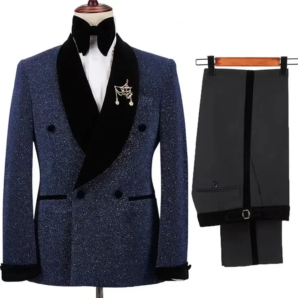 Men Suits 2 Pieces Shining Jacket with Black Pants Set Velvet Shawl Collar Wedding Groom Tuxedos Double Breasted Dress Costumes
