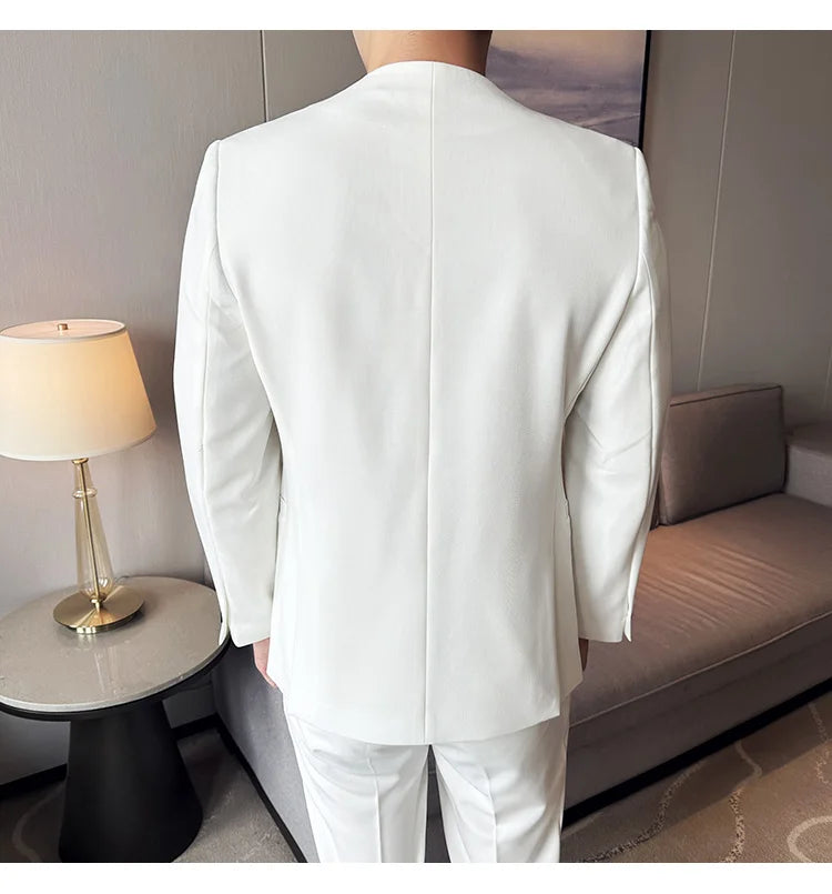 Stylish Men's Suit Coat Collarless V-Neck Solid Wear Style Slim Fit Blazer Jacket Male Black White Blue