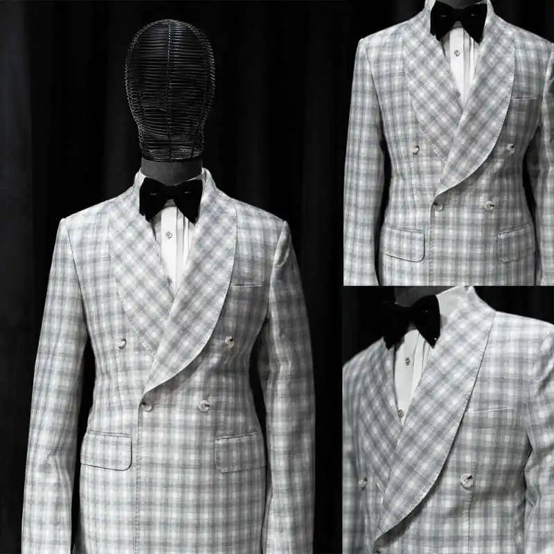 Plaid Men Wedding Suits Shawl Lapel Tuxedo Double Breasted Groom Wear 2 Pcs Jacket Pants Business Evening Party Customized