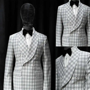 Plaid Men Wedding Suits Shawl Lapel Tuxedo Double Breasted Groom Wear 2 Pcs Jacket Pants Business Evening Party Customized